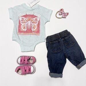 Mint Butterfly Graphic Onesie with Old Navy Jeans (shoes and bow not included)